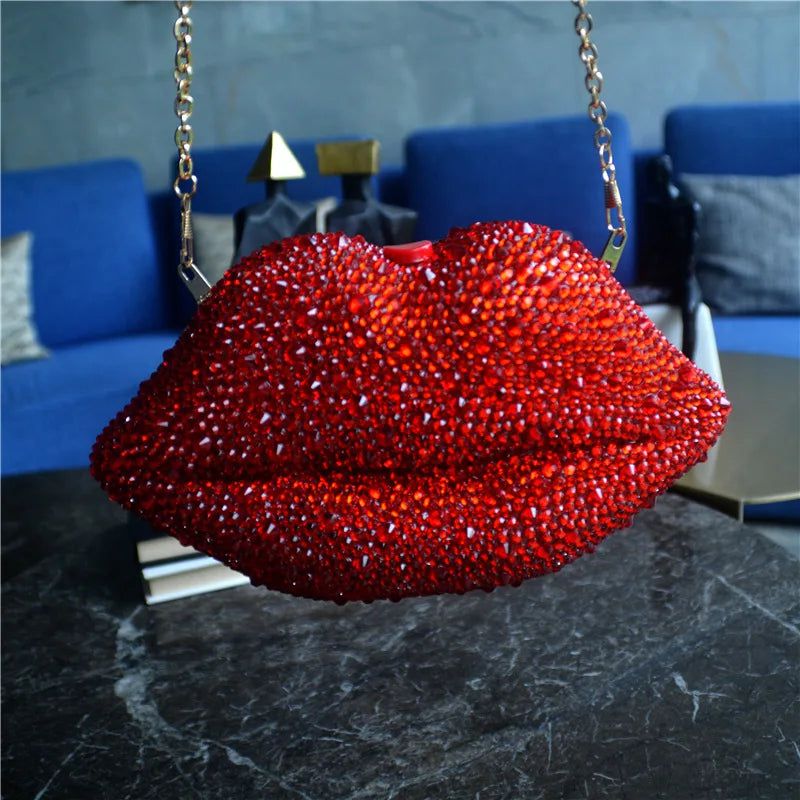 Glamorous Handmade Red Lip Clutch with Diamond Accents for Weddings and Evening Events