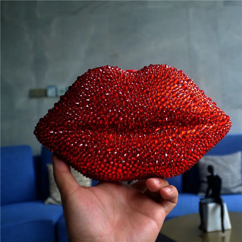 Glamorous Handmade Red Lip Clutch with Diamond Accents for Weddings and Evening Events