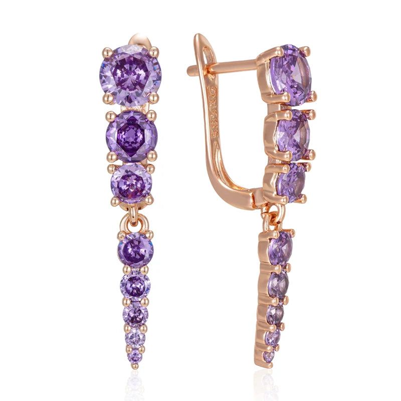 Glistening Purple Natural Zircon Geometric Drop Earrings in 585 Rose Gold Finish