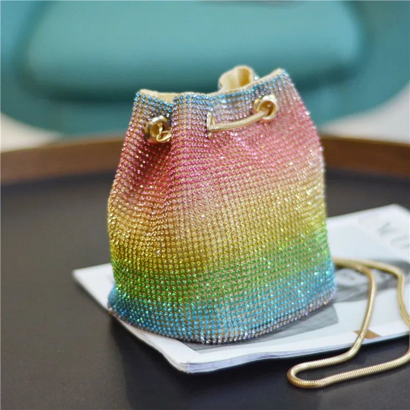 Glistening Rainbow Diamond Mini Chain Shoulder Bag - Crystal Clutch Evening Purse with Rhinestone Detailing