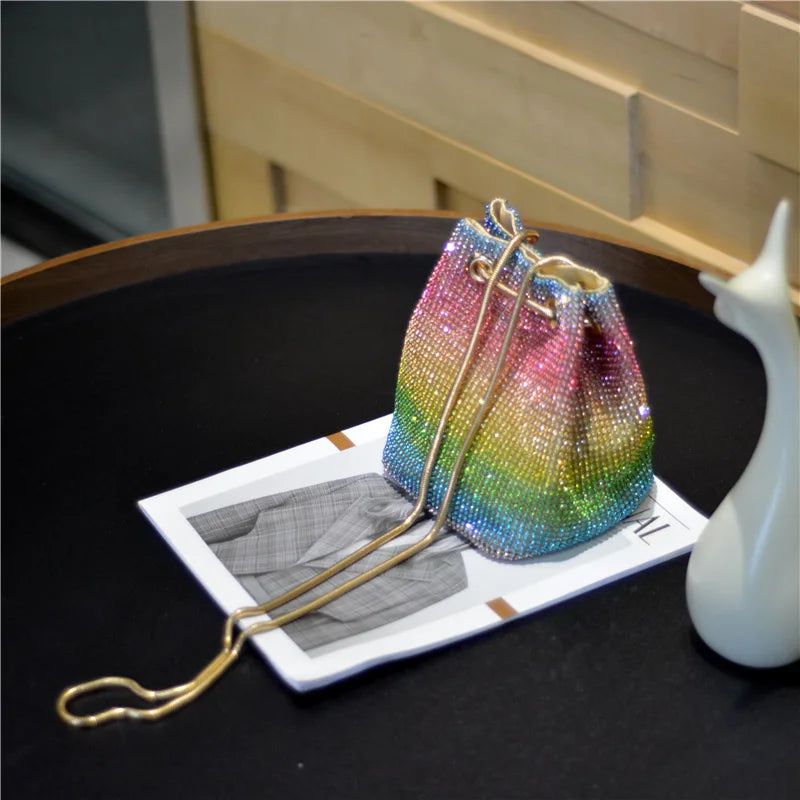 Glistening Rainbow Diamond Mini Chain Shoulder Bag - Crystal Clutch Evening Purse with Rhinestone Detailing