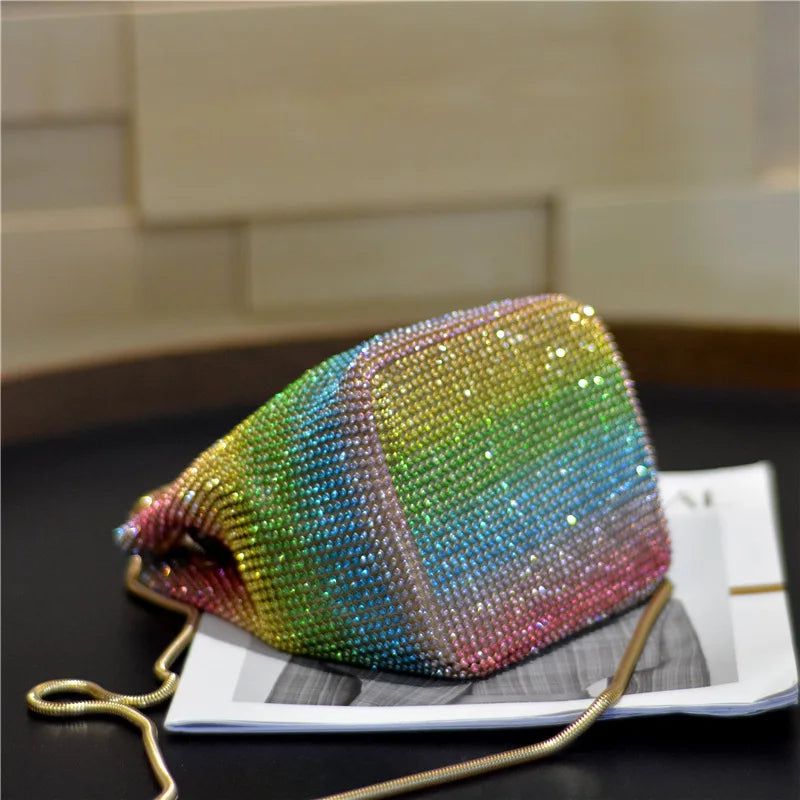 Glistening Rainbow Diamond Mini Chain Shoulder Bag - Crystal Clutch Evening Purse with Rhinestone Detailing