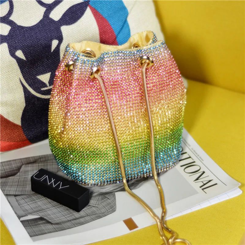 Glistening Rainbow Diamond Mini Chain Shoulder Bag - Crystal Clutch Evening Purse with Rhinestone Detailing