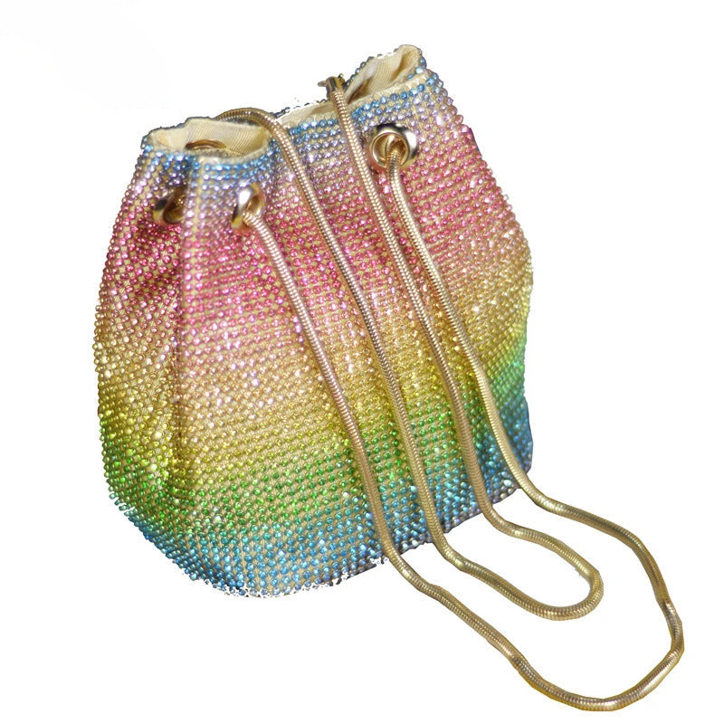 Glistening Rainbow Diamond Mini Chain Shoulder Bag - Crystal Clutch Evening Purse with Rhinestone Detailing