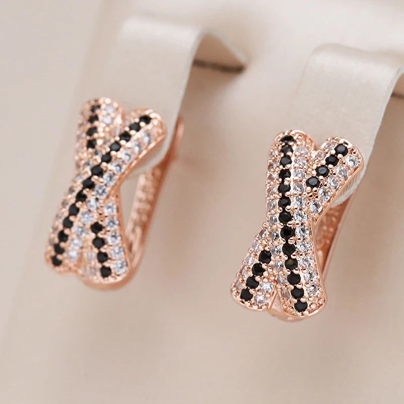 Glistening Rose Gold Cross Drop Earrings with Natural Zircon Accents