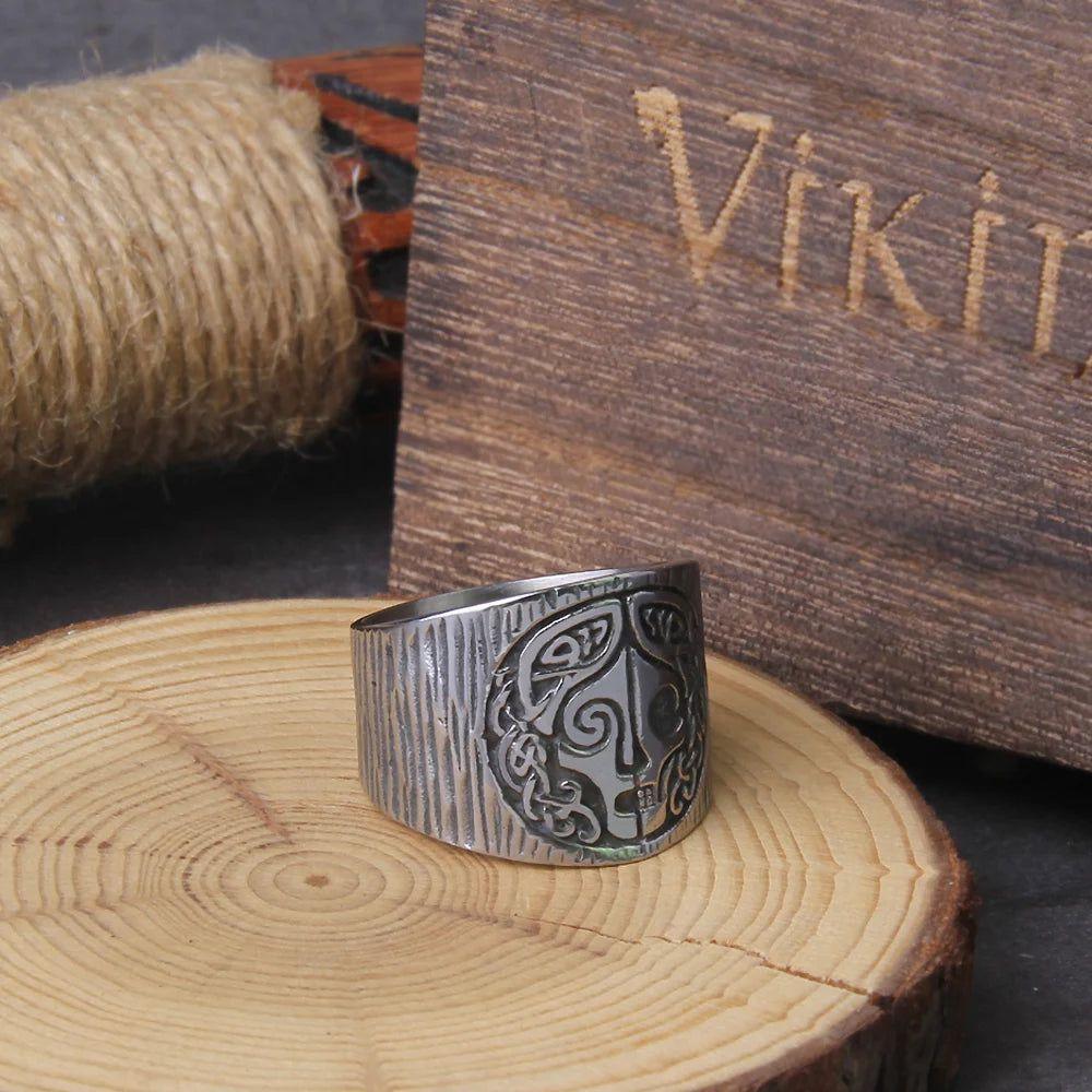 Goddess Hel Viking Ring - Stainless Steel Pagan Amulet with Celtic Runes and Wooden Box