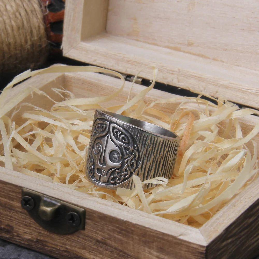 Goddess Hel Viking Ring - Stainless Steel Pagan Amulet with Celtic Runes and Wooden Box