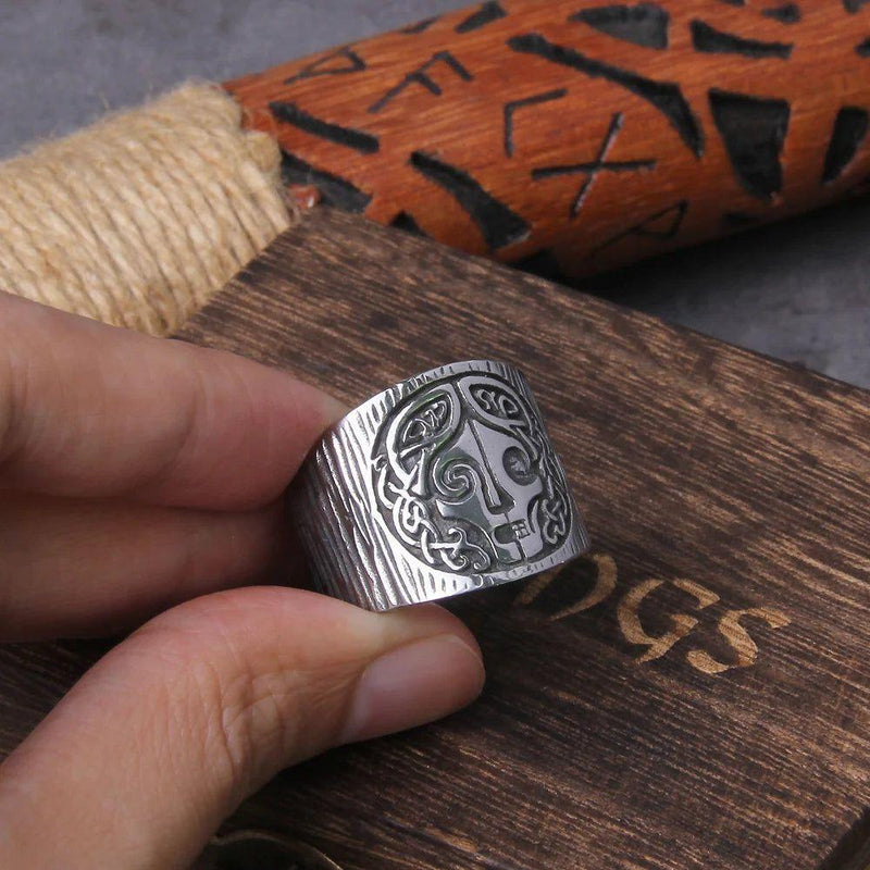 Goddess Hel Viking Ring - Stainless Steel Pagan Amulet with Celtic Runes and Wooden Box