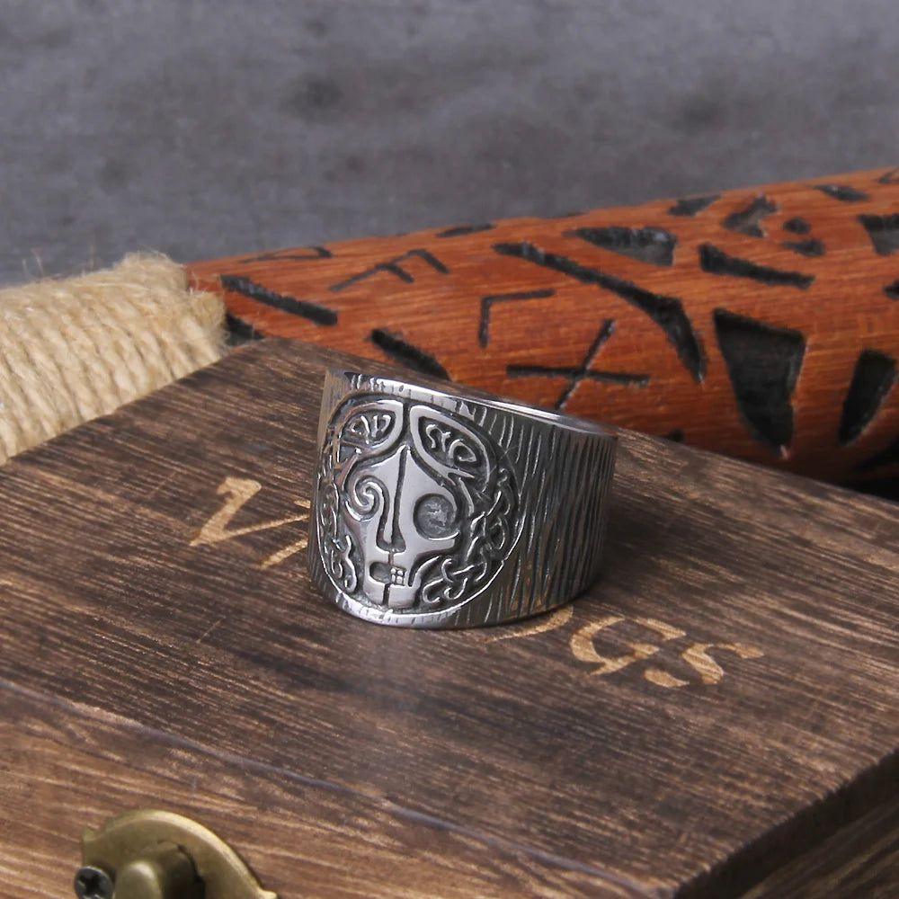 Goddess Hel Viking Ring - Stainless Steel Pagan Amulet with Celtic Runes and Wooden Box