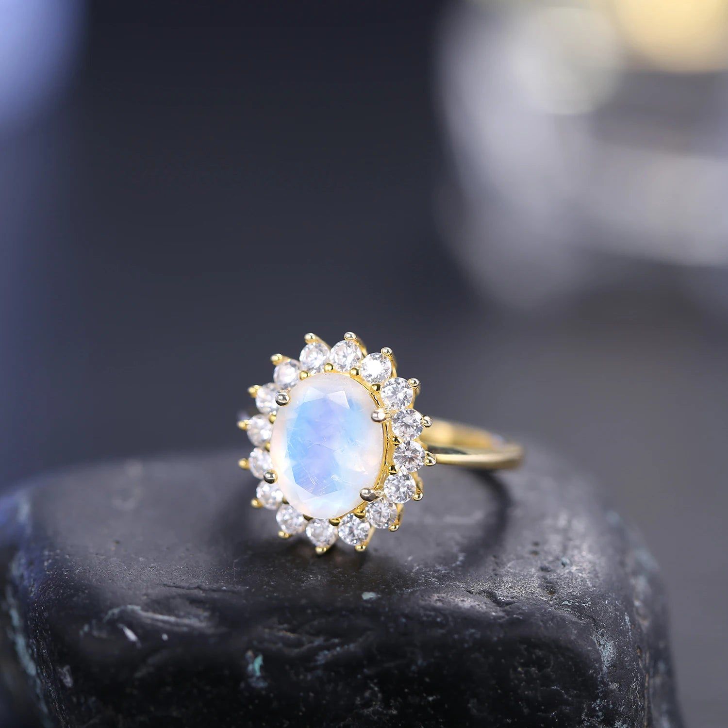 Gold Ring Oval 8X10mm Milky Blue Moonstone in Silver