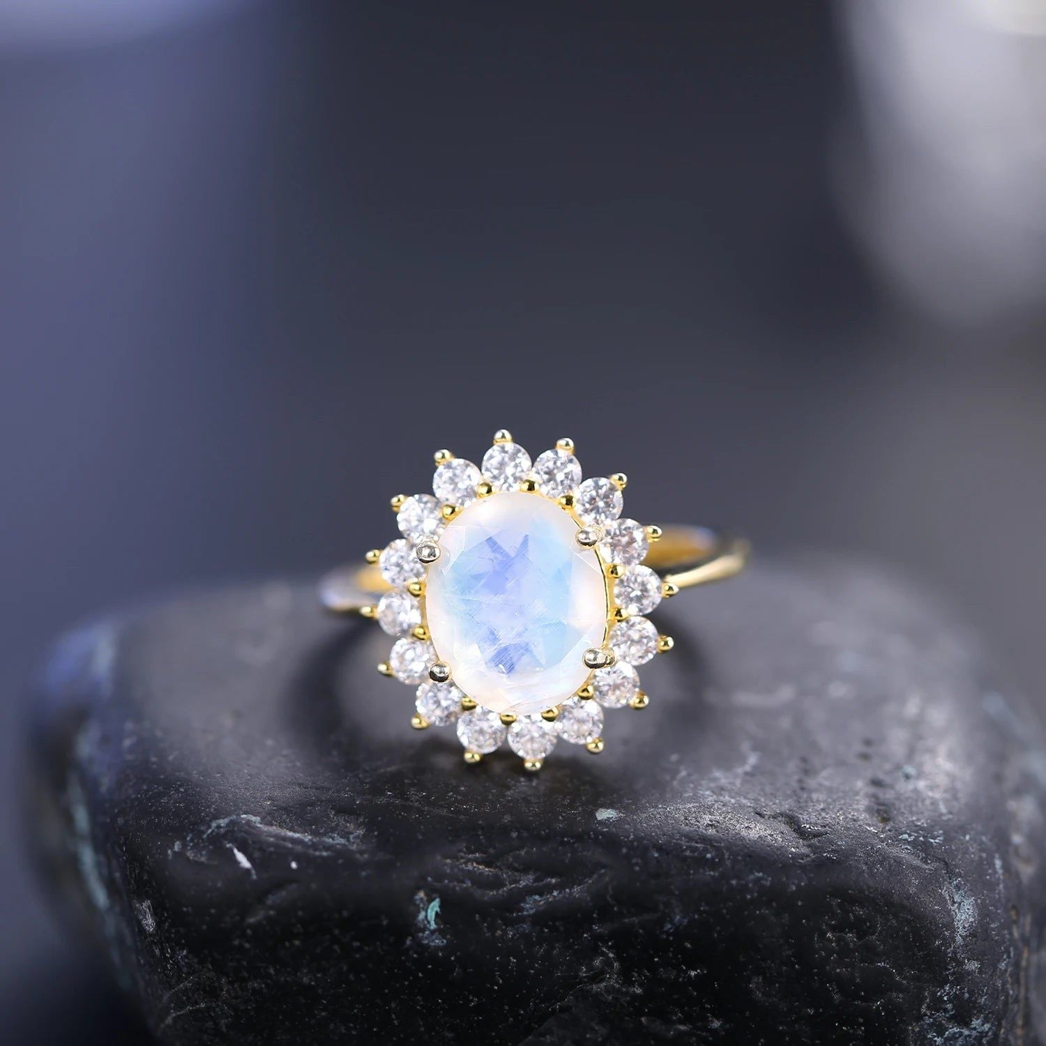 Gold Ring Oval 8X10mm Milky Blue Moonstone in Silver