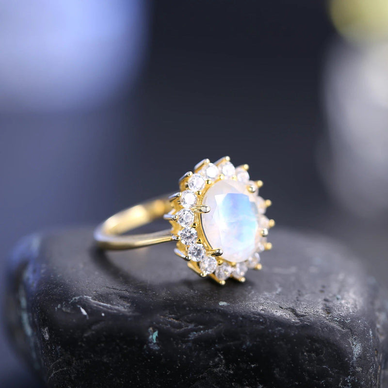 Gold Ring Oval 8X10mm Milky Blue Moonstone in Silver