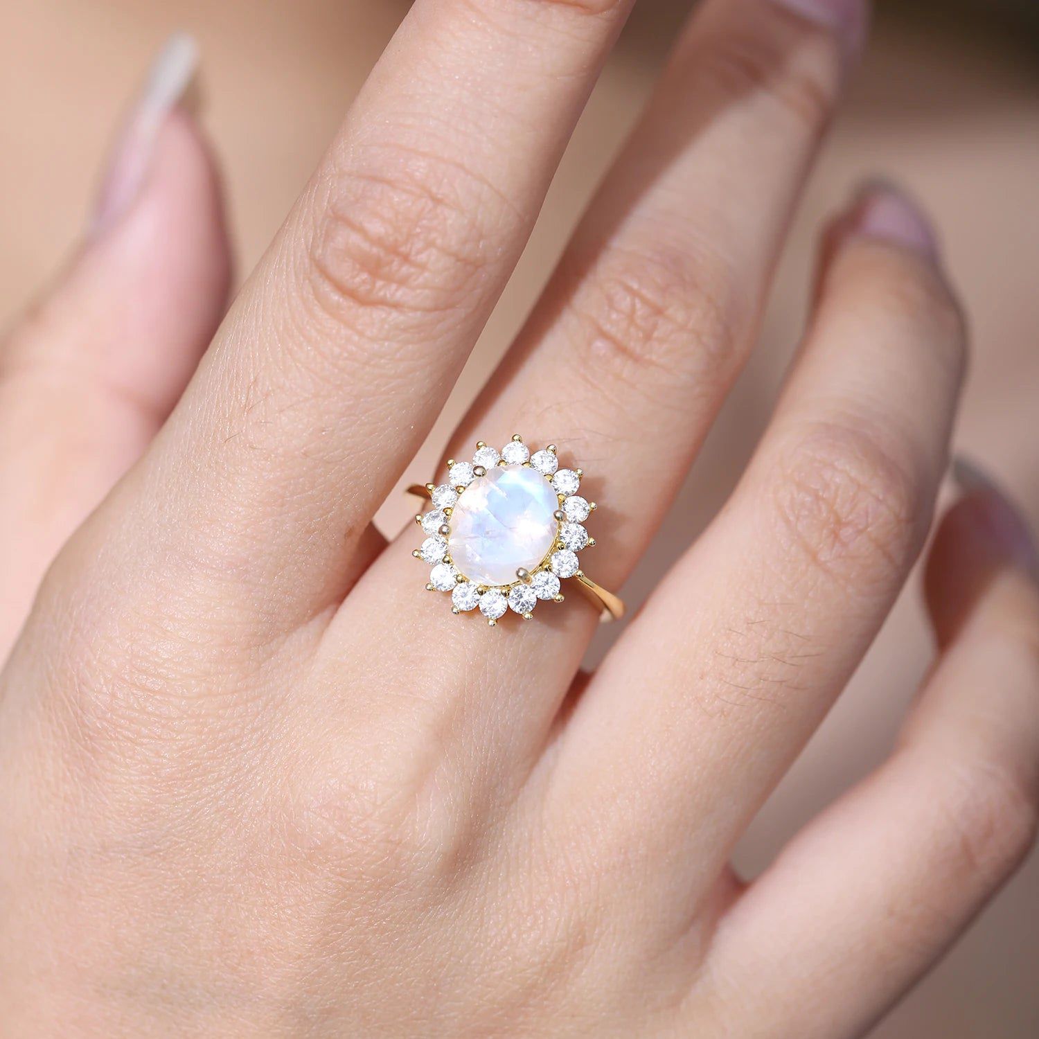 Gold Ring Oval 8X10mm Milky Blue Moonstone in Silver