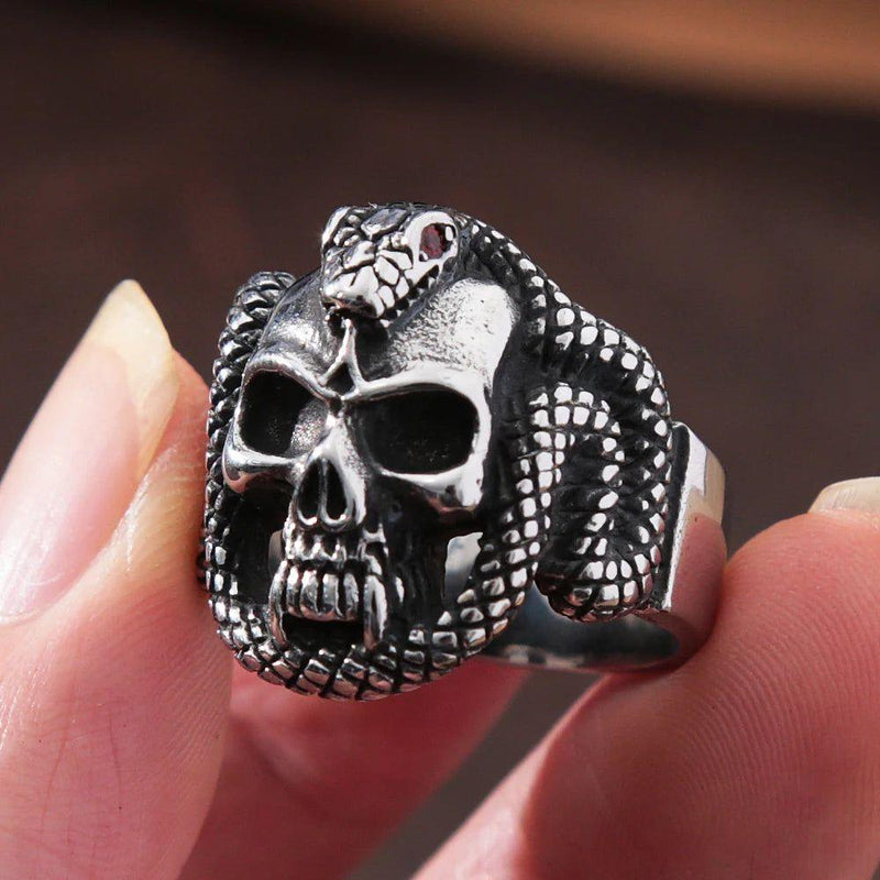 Gothic Biker Skull Ring with Red Eyes and Snake Design for Men - Punk Fashion Jewelry in 316L Stainless Steel