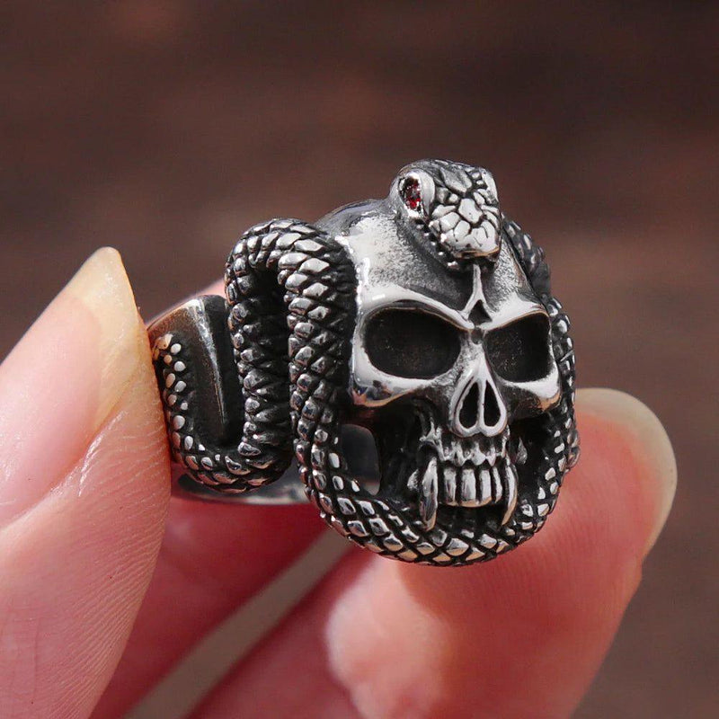 Gothic Biker Skull Ring with Red Eyes and Snake Design for Men - Punk Fashion Jewelry in 316L Stainless Steel