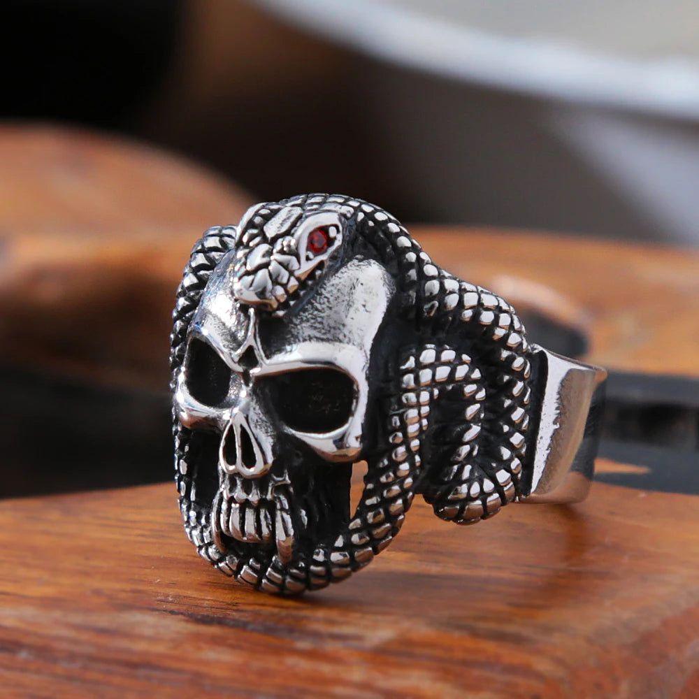 Gothic Biker Skull Ring with Red Eyes and Snake Design for Men - Punk Fashion Jewelry in 316L Stainless Steel