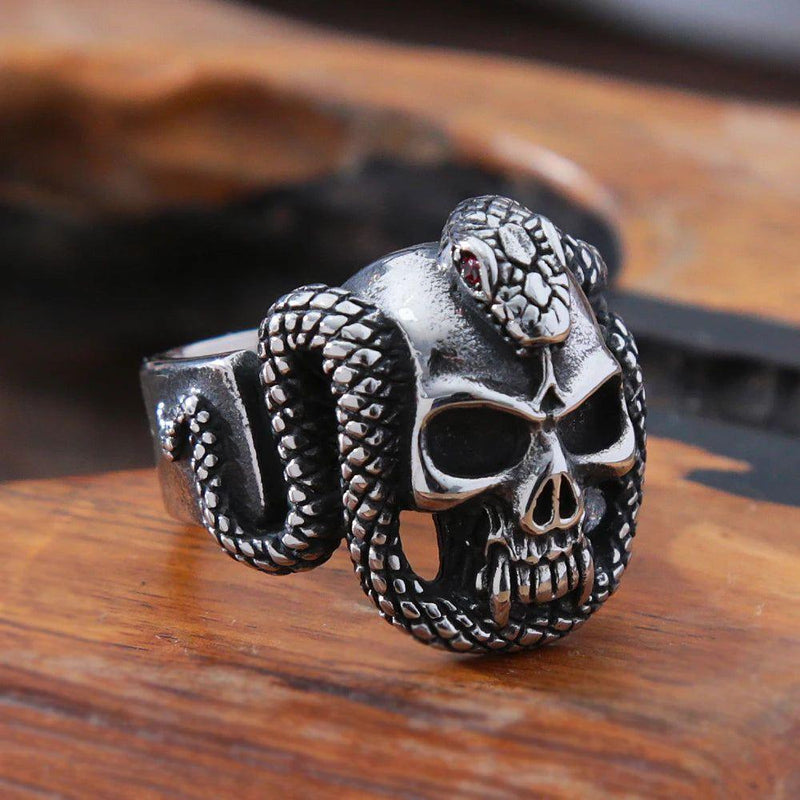 Gothic Biker Skull Ring with Red Eyes and Snake Design for Men - Punk Fashion Jewelry in 316L Stainless Steel