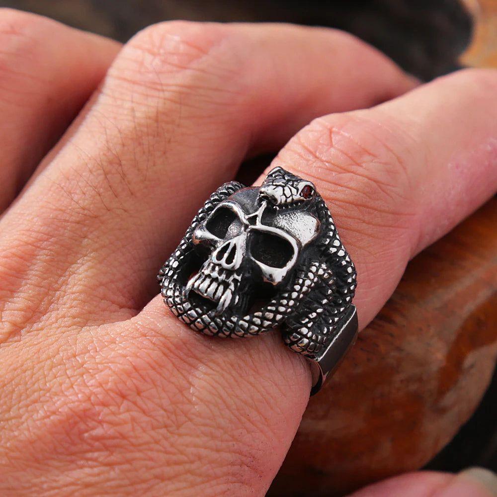 Gothic Biker Skull Ring with Red Eyes and Snake Design for Men - Punk Fashion Jewelry in 316L Stainless Steel