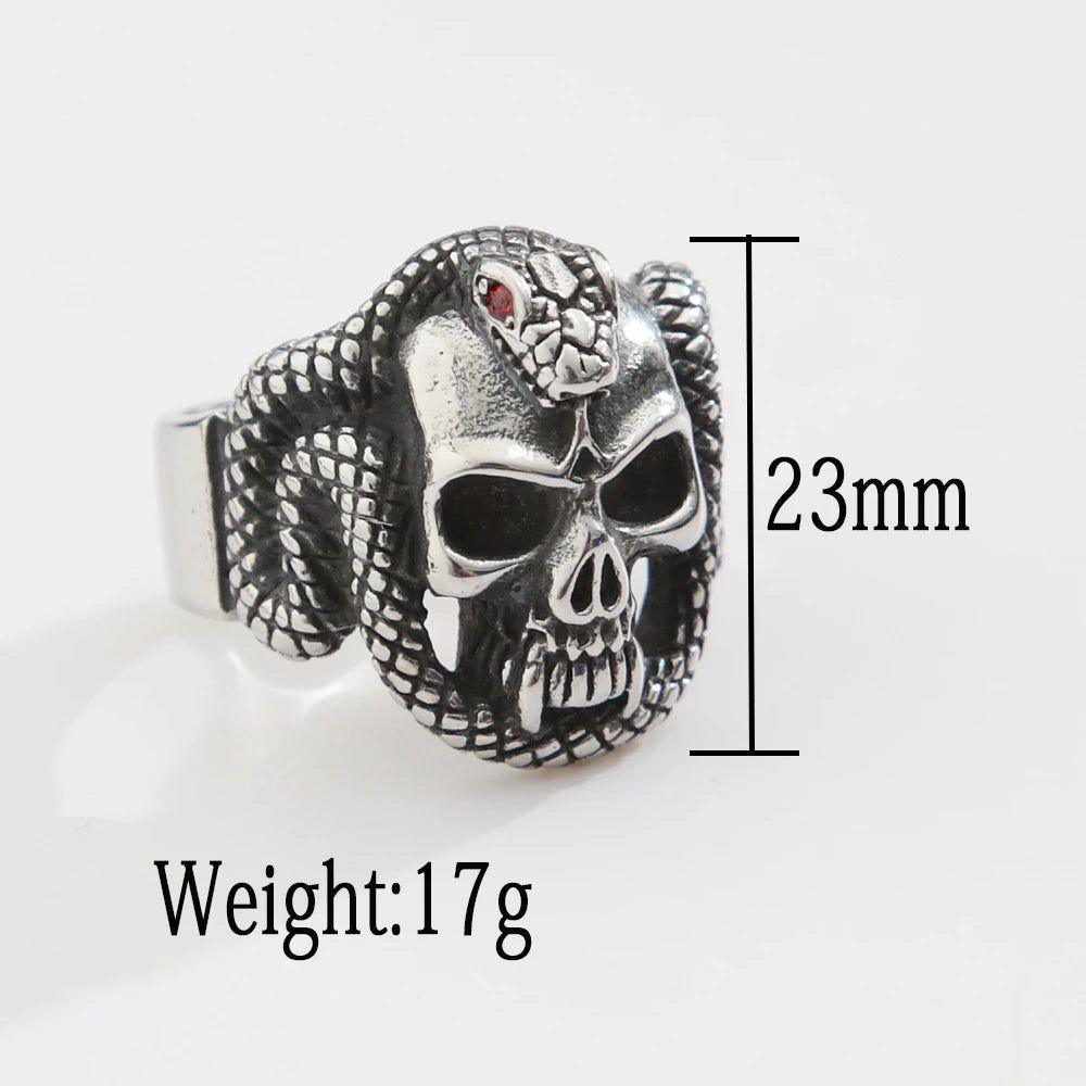 Gothic Biker Skull Ring with Red Eyes and Snake Design for Men - Punk Fashion Jewelry in 316L Stainless Steel