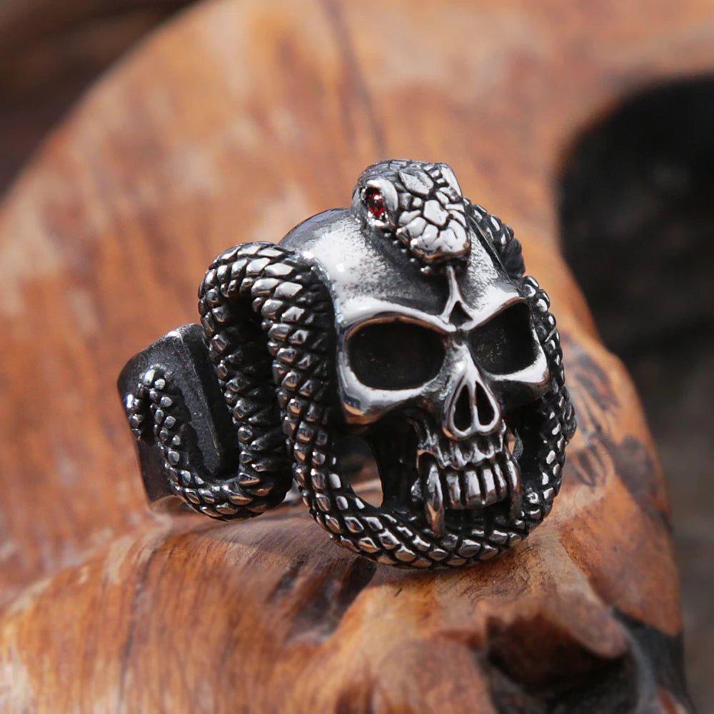 Gothic Biker Skull Ring with Red Eyes and Snake Design for Men - Punk Fashion Jewelry in 316L Stainless Steel