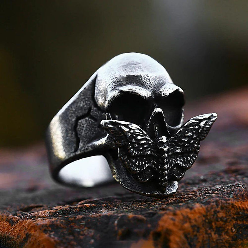 Gothic Black Moth Skull Ring - Unisex Stainless Steel Punk Jewelry for Men and Women