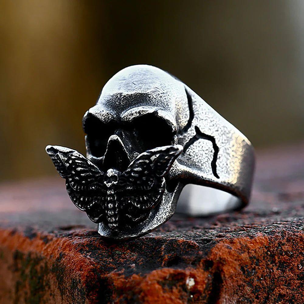 Gothic Black Moth Skull Ring - Unisex Stainless Steel Punk Jewelry for Men and Women