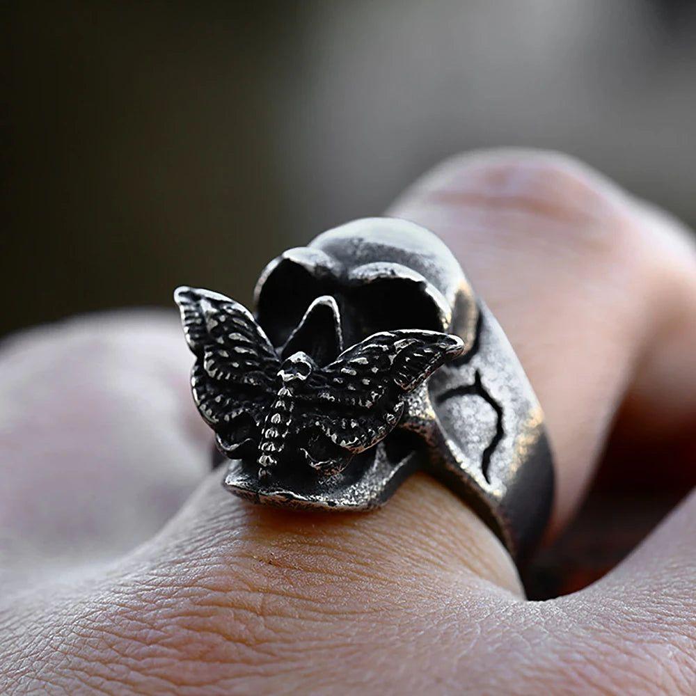 Gothic Black Moth Skull Ring - Unisex Stainless Steel Punk Jewelry for Men and Women