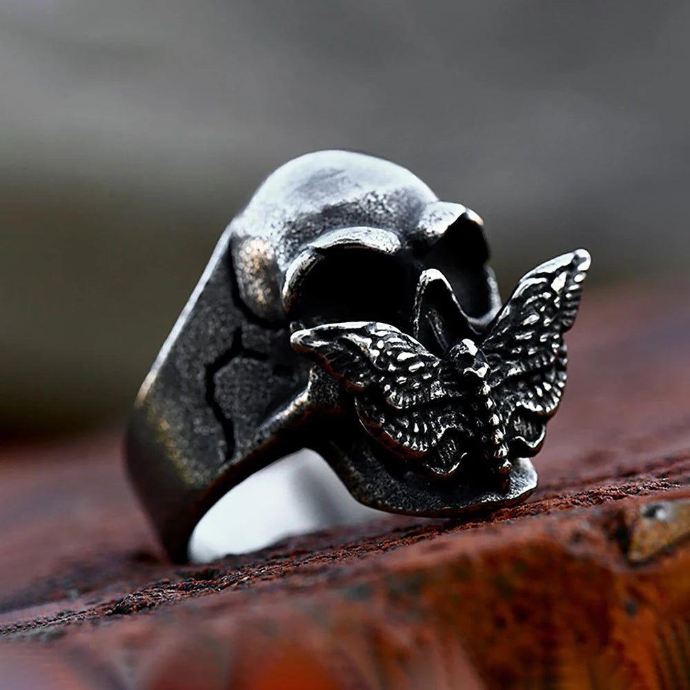 Gothic Black Moth Skull Ring - Unisex Stainless Steel Punk Jewelry for Men and Women