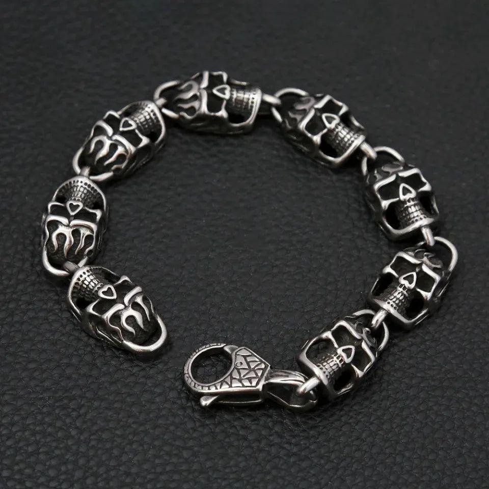 Gothic Black Skull Stainless Steel Bracelet for Men - Hip Hop Biker Charm Jewelry