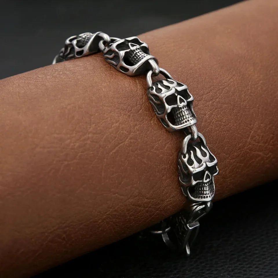 Gothic Black Skull Stainless Steel Bracelet for Men - Hip Hop Biker Charm Jewelry