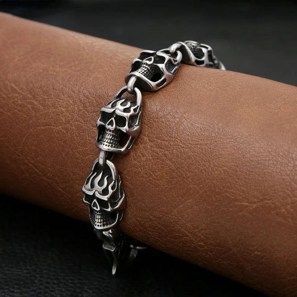 Gothic Black Skull Stainless Steel Bracelet for Men - Hip Hop Biker Charm Jewelry