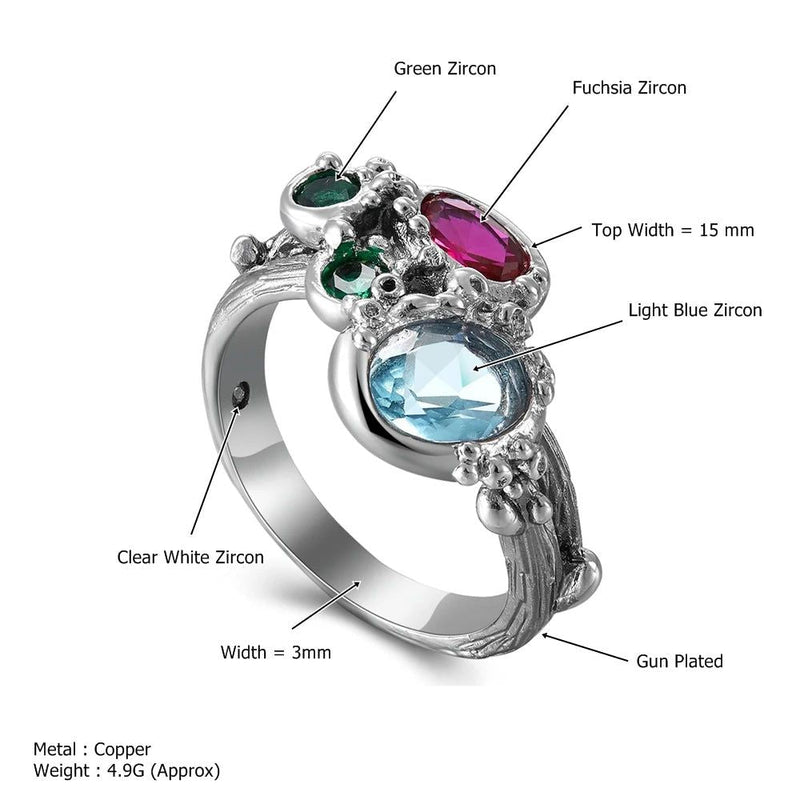 Gothic Chic Summer Rings with Colorful Blue Fuchsia Zirconia