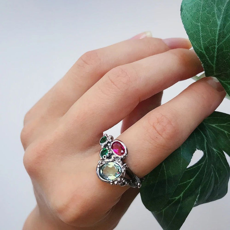 Gothic Chic Summer Rings with Colorful Blue Fuchsia Zirconia