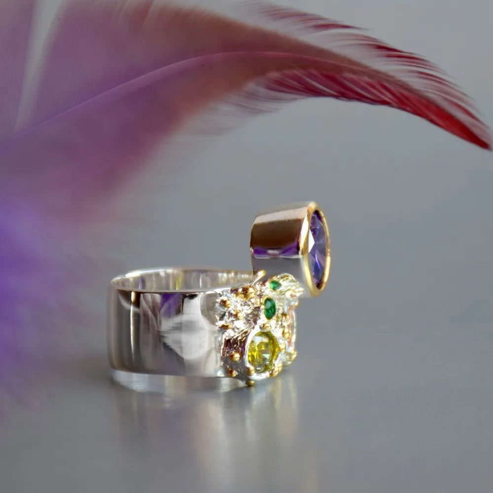 Gothic Elegance: Large Purple Stone Zircon Cocktail Ring