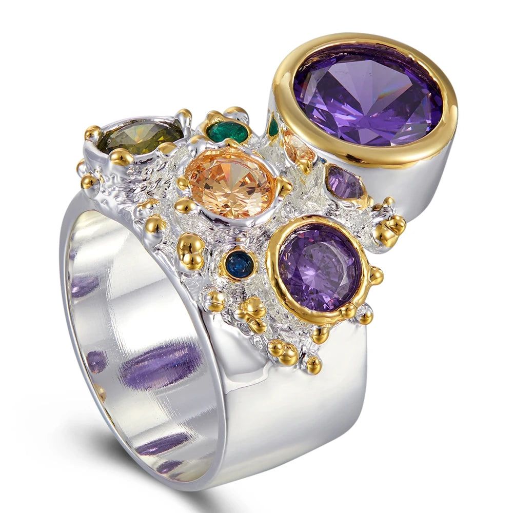 Gothic Elegance: Large Purple Stone Zircon Cocktail Ring