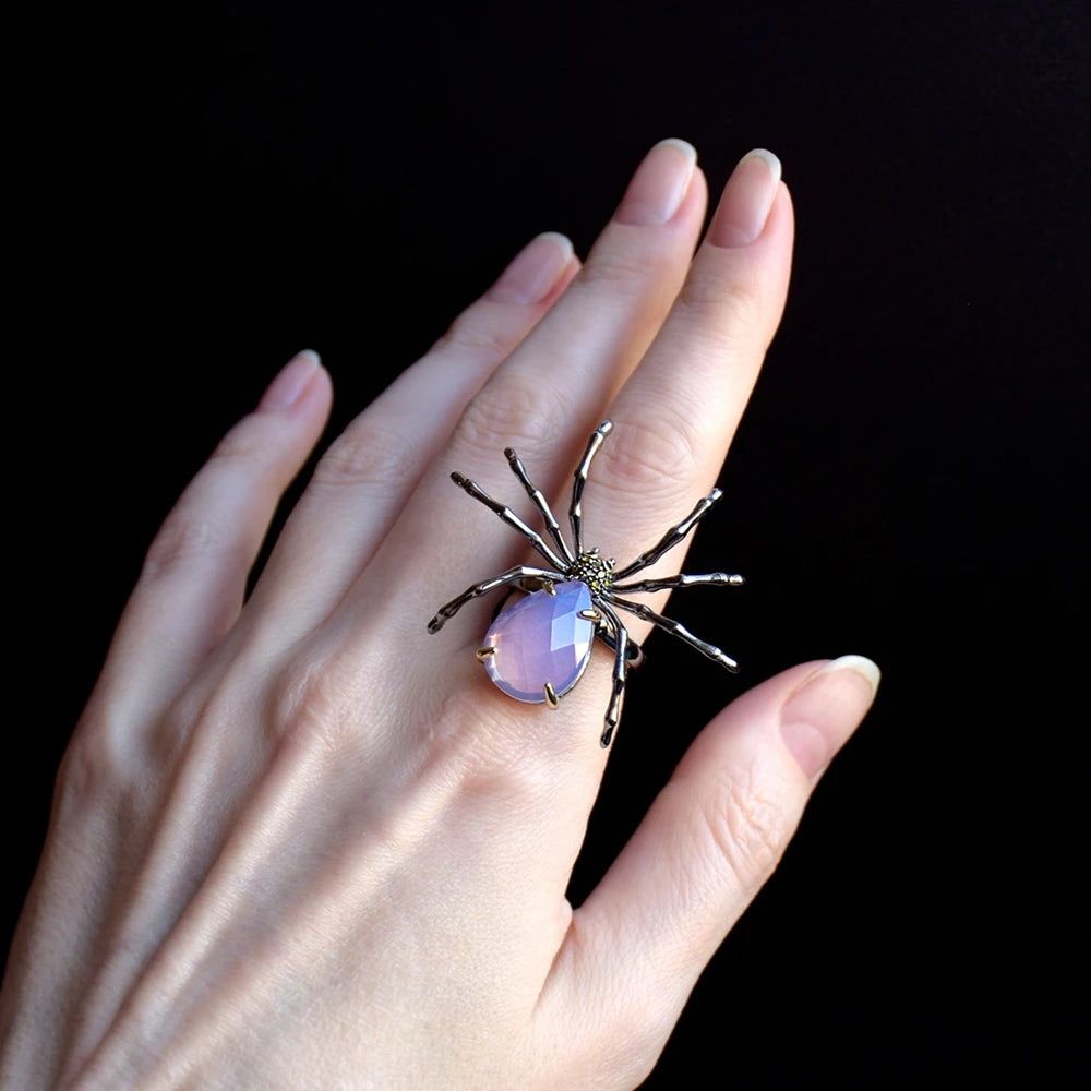 Gothic Elegance Spider Cocktail Ring with Opal Pink Zirconia for Fashion-forward Romance