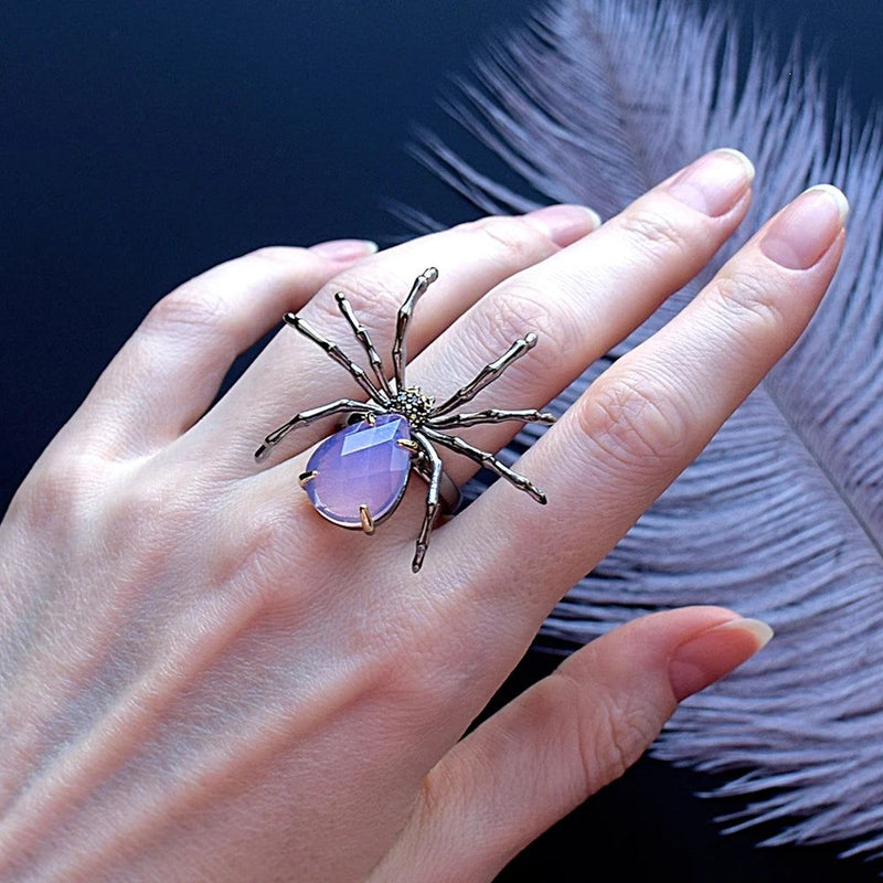 Gothic Elegance Spider Cocktail Ring with Opal Pink Zirconia for Fashion-forward Romance