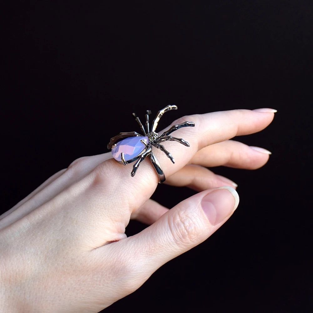 Gothic Elegance Spider Cocktail Ring with Opal Pink Zirconia for Fashion-forward Romance