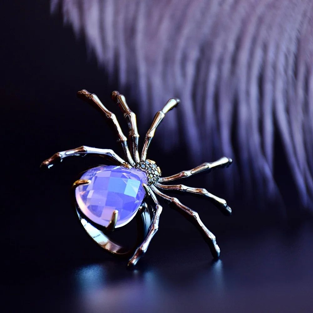 Gothic Elegance Spider Cocktail Ring with Opal Pink Zirconia for Fashion-forward Romance