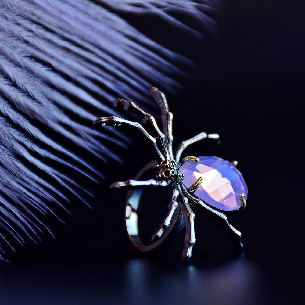 Gothic Elegance Spider Cocktail Ring with Opal Pink Zirconia for Fashion-forward Romance