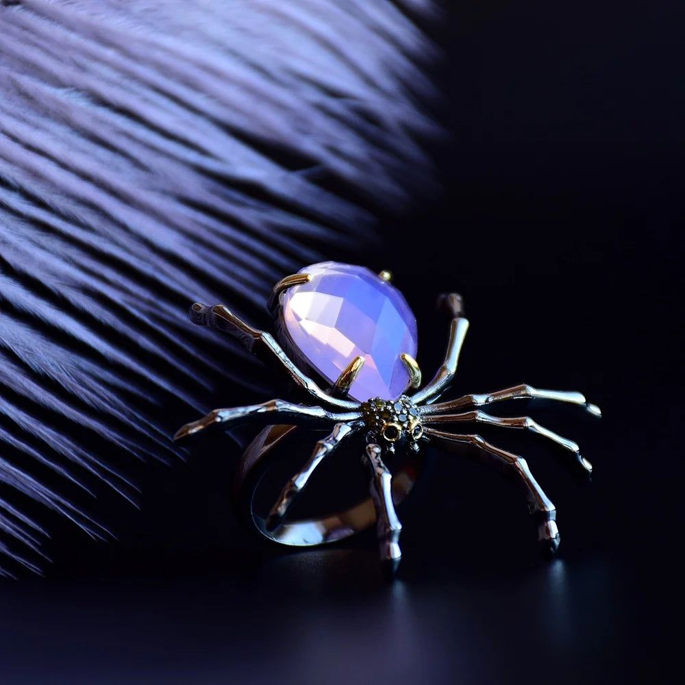 Gothic Elegance Spider Cocktail Ring with Opal Pink Zirconia for Fashion-forward Romance