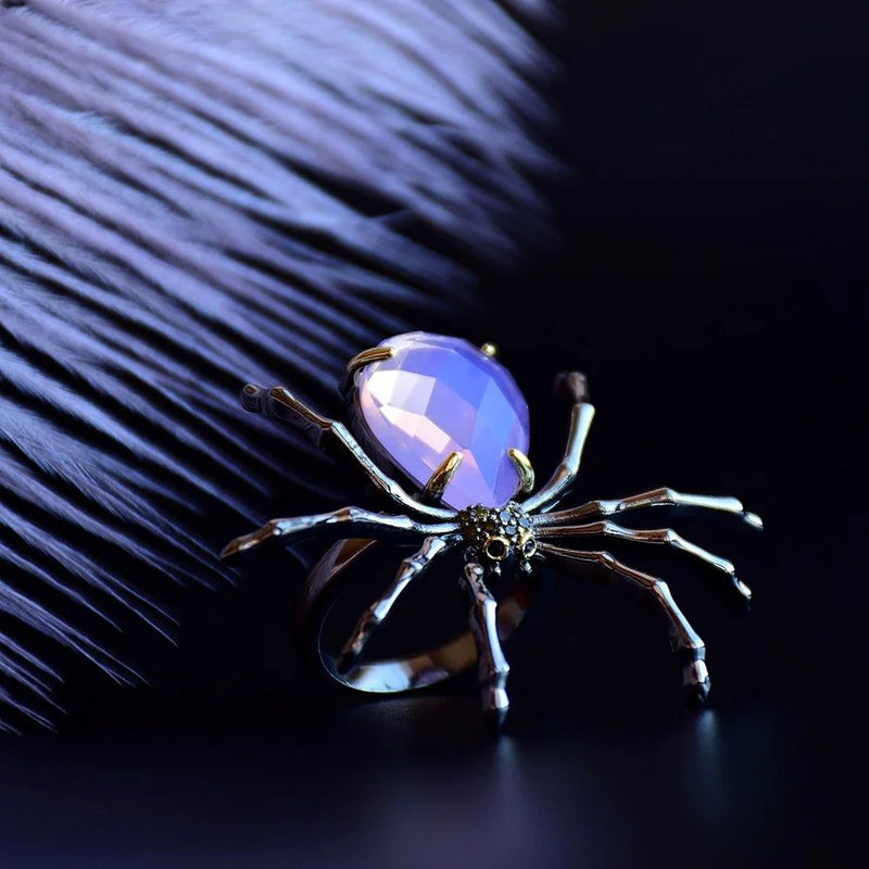 Gothic Elegance Spider Cocktail Ring with Opal Pink Zirconia for Fashion-forward Romance