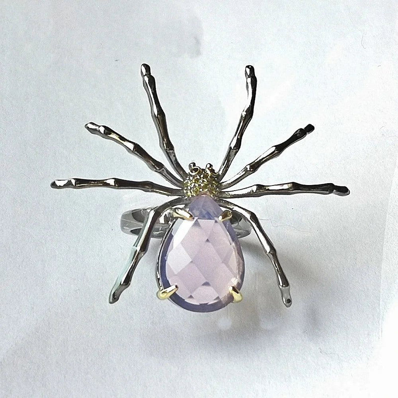 Gothic Elegance Spider Cocktail Ring with Opal Pink Zirconia for Fashion-forward Romance