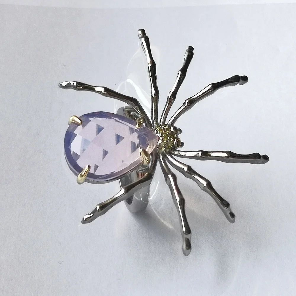 Gothic Elegance Spider Cocktail Ring with Opal Pink Zirconia for Fashion-forward Romance