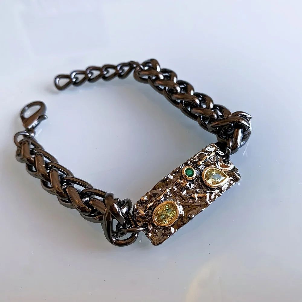 Gothic Olivine Zirconia Bracelet in Black Metal – Stylish Charm Jewelry for a Bold Statement