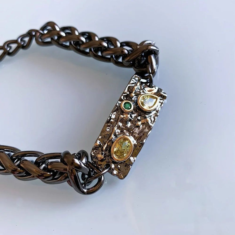 Gothic Olivine Zirconia Bracelet in Black Metal – Stylish Charm Jewelry for a Bold Statement