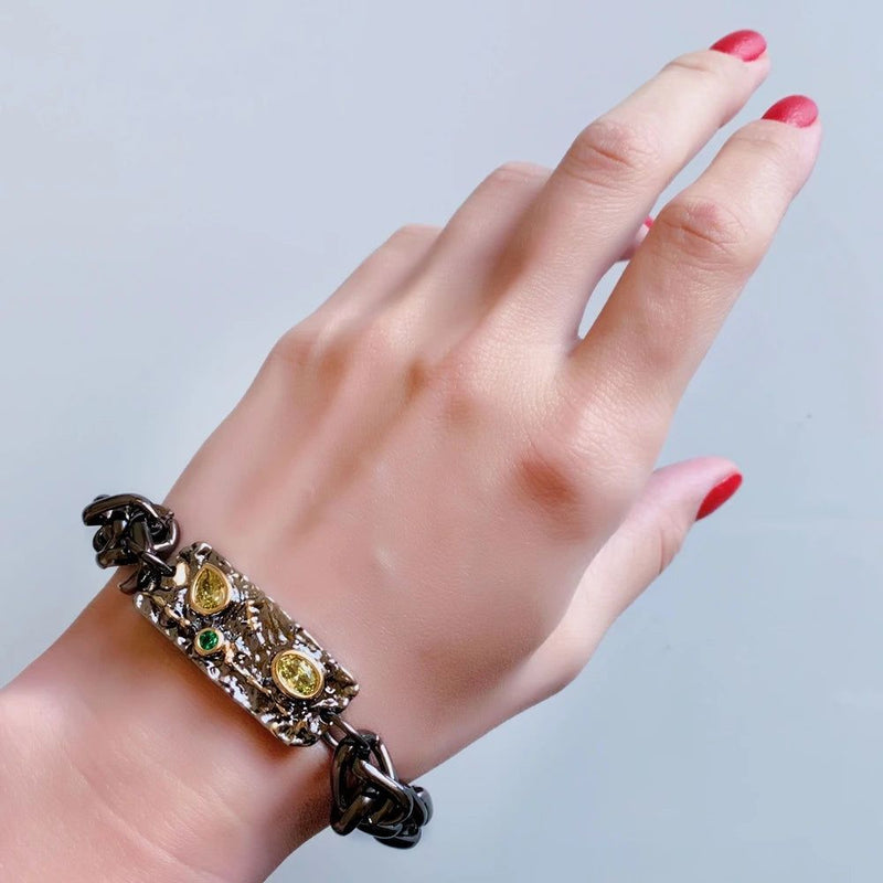 Gothic Olivine Zirconia Bracelet in Black Metal – Stylish Charm Jewelry for a Bold Statement