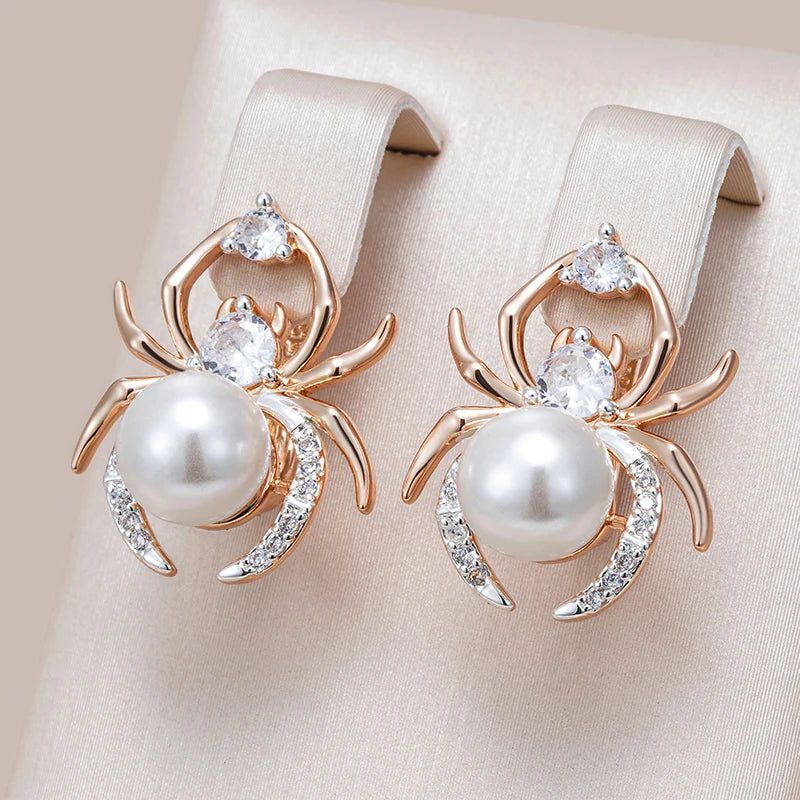 Gothic Pearl & Zircon Spider Earrings in 585 Rose Gold and Silver Mix