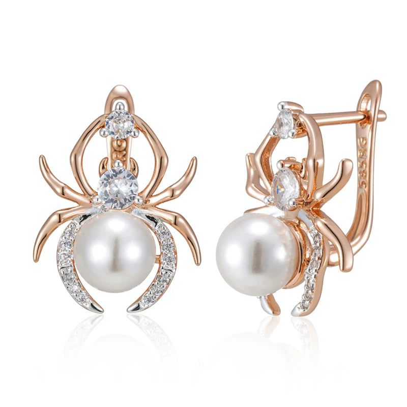 Gothic Pearl & Zircon Spider Earrings in 585 Rose Gold and Silver Mix