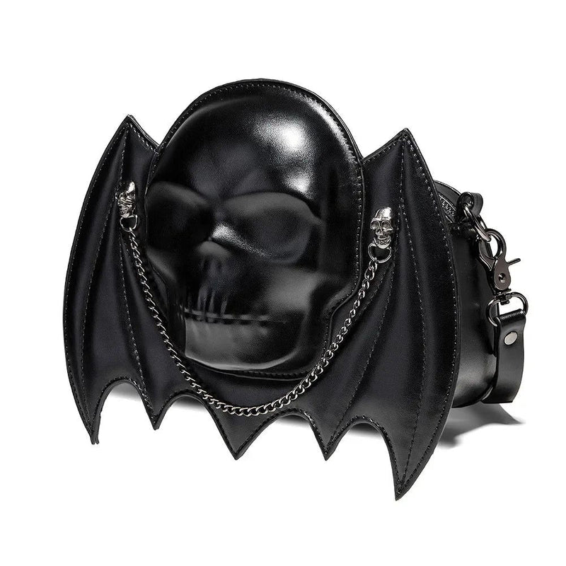 Gothic Punk Skull Handbag with Bat Wings - Adjustable Crossbody Purse for Halloween